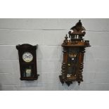 A LATE 19TH CENTURY WALNUT VIENNA WALL CLOCK, height 107cm, and a mahogany wall clock, both with key