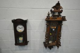 A LATE 19TH CENTURY WALNUT VIENNA WALL CLOCK, height 107cm, and a mahogany wall clock, both with key
