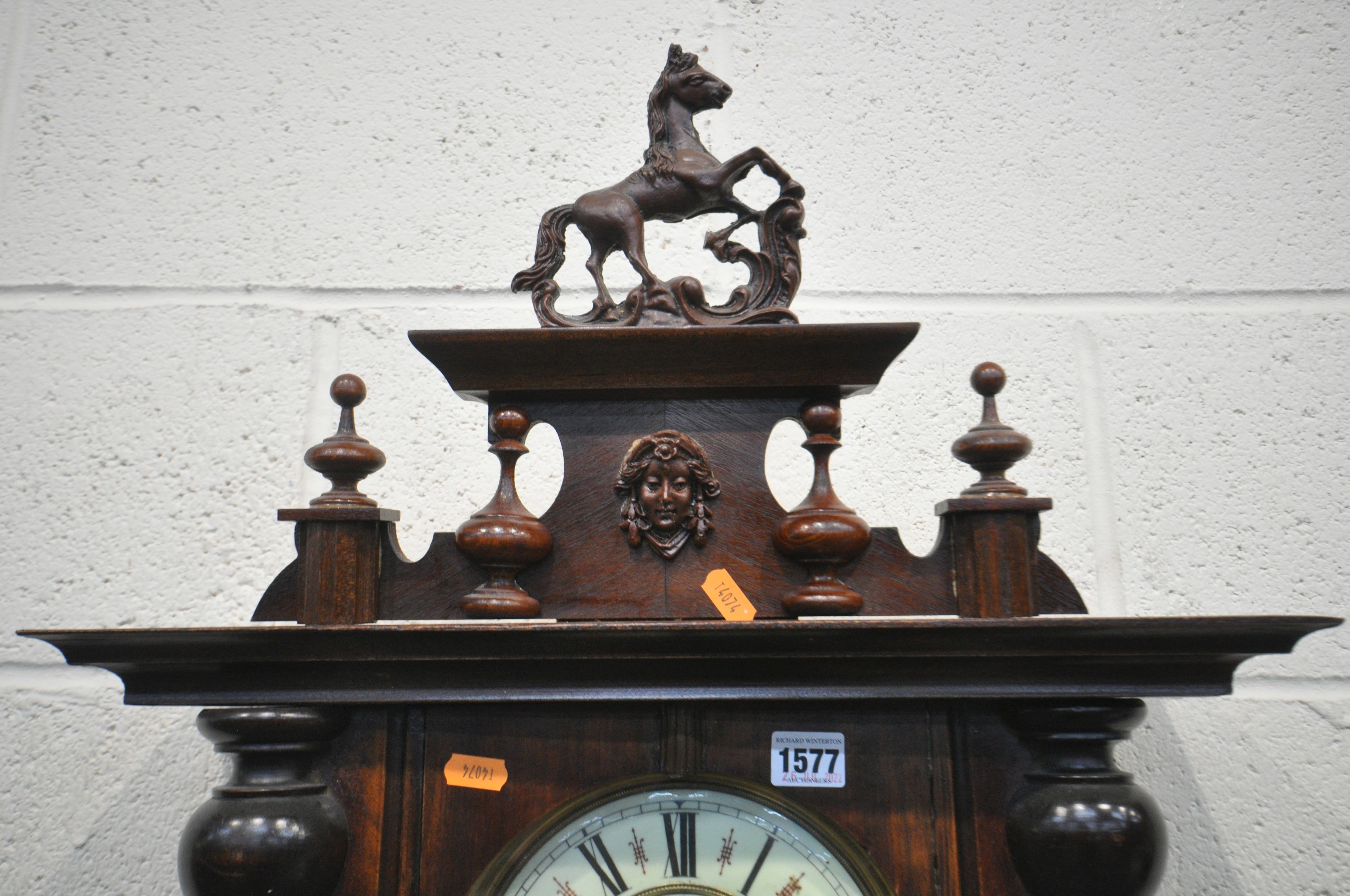 A LATE 19TH CENTURY GUSTAV BECKER VIENNA WALL CLOCK, with a resin horse pediment, the enamel dial - Image 2 of 3