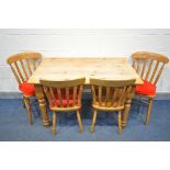 A PINE KITCHEN TABLE, on turned legs, length 122cm x depth 76cm x height 76cm and four beech