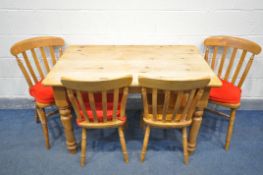 A PINE KITCHEN TABLE, on turned legs, length 122cm x depth 76cm x height 76cm and four beech