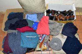 FIVE BOXES OF MENS CLOTHING, SHOES AND TEXTILES, to include shorts, polo tops, sweaters (Jaeger,