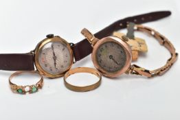 TWO WRISTWATCHES AND TWO RINGS, to include an AF ladies 9ct gold wristwatch, round discoloured dial,