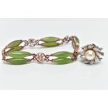 A NEPHRITE JADE BRACELET AND PEARL CLASP, AF navette shaped jade stones set in a yellow metal with