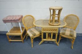 A WICKER CONSERVATORY DINING TABLE, width 100cm x depth 52cm x height 74cm, two chairs, coffee