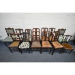 A SELECTION OF VARIOUS CHAIRS, to include four mahogany splat back chairs, an ebonised open