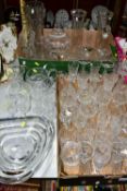 TWO BOXES OF CUTGLASS AND CRYSTAL, to include a triangular shaped, stepped underside crystal dish '