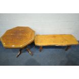 A 19TH CENTURY BURR WALNUT AND AMBONYA INLAID OCTAGONAL CENTRE TABLE, turned supports, on four