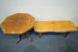 A 19TH CENTURY BURR WALNUT AND AMBONYA INLAID OCTAGONAL CENTRE TABLE, turned supports, on four