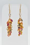 A PAIR OF YELLOW METAL, SAPPHIRE SPECTACLE SET DROP EARRINGS, each earring comprised of twenty two
