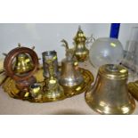 A GROUP OF METALWARES, OIL LAMP, HIGHLAND COW HORNS, including an early 20th Century oil lamp with a