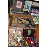 THREE BOXES AND LOOSE TOYS, GAMES, BOOKS AND SUNDRY ITEMS, to include a Tomb Raider Lara Croft