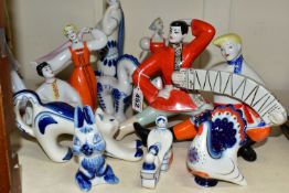 A GROUP OF ZHK POLONNE, GZHEL PORCELAIN AND OTHER FIGURES, to include two ZHK Polonne figure