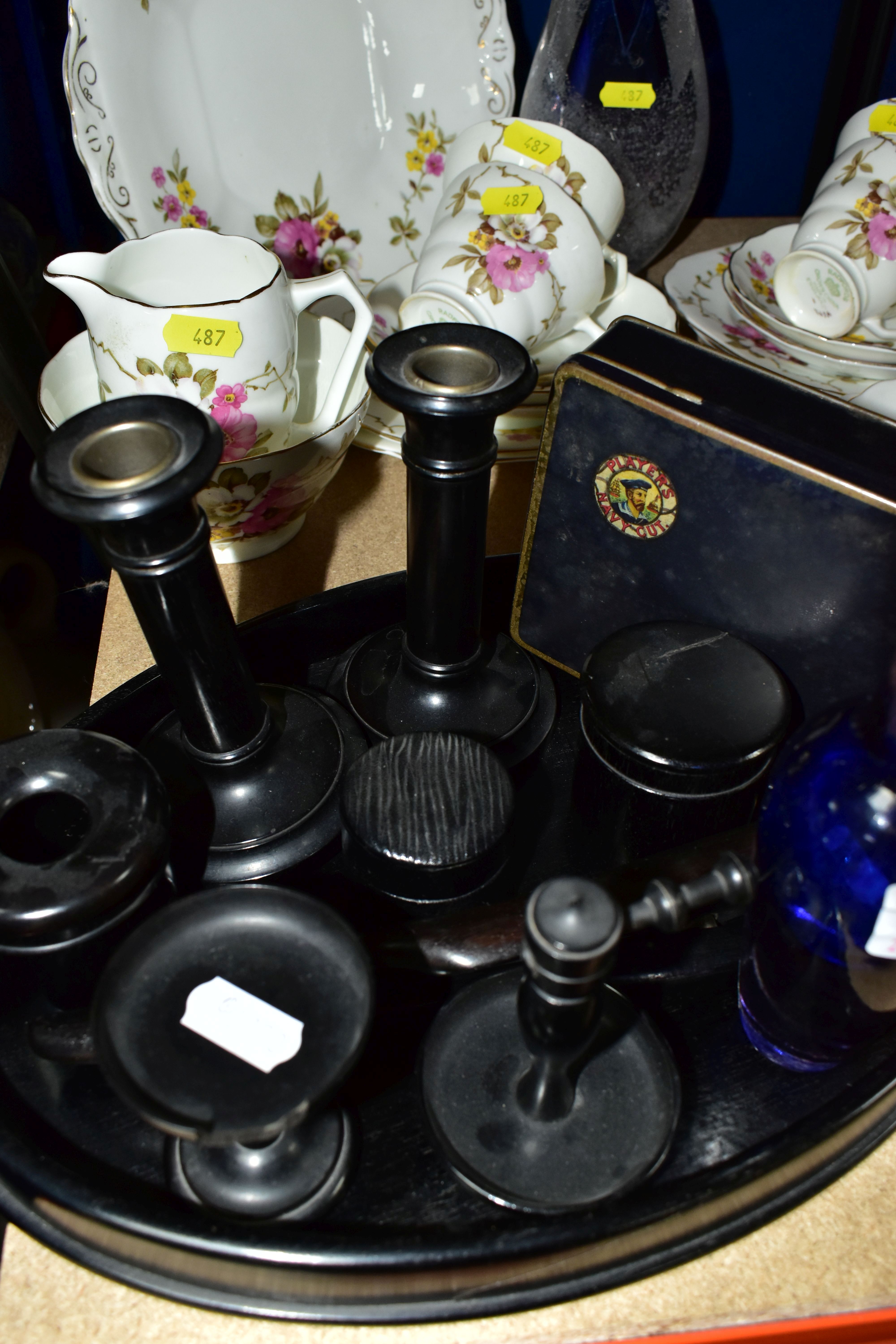 A GENTLEMAN'S EBONY VANITY SET, to include an oval tray, length 32cm x width 22cm - hairline split - Image 6 of 7