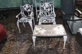 A PAIR OF ALUMINIUM GARDEN ARM CHAIRS along with a similar occasional table (Condition is ok, the