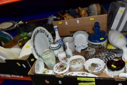 THREE BOXES OF CERAMICS GLASSWARE AND HOUSEHOLD SUNDRIES, to include Spode Elysee Y8380 trinket