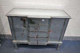 A MIRROR WRAPPED SIDEBOARD, with cupboard doors flanking four drawers, width 100cm x depth 40cm x
