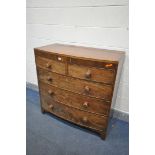 A GEORGIAN MAHOGANY AND BOX STRUNG BOWFRONT CHEST OF TWO SHORT OVER THREE LONG DRAWERS, on bracket