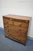 A GEORGIAN MAHOGANY AND BOX STRUNG BOWFRONT CHEST OF TWO SHORT OVER THREE LONG DRAWERS, on bracket