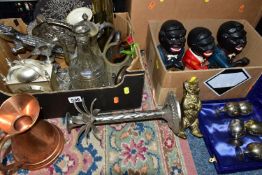 FOUR BOXES OF METALWARE AND HOUSEHOLD SUNDRIES, to include three reproduction money boxes, brass