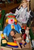 ONE BOX OF DOLLS, to include a Jean Greenhowe Design 'Mr Wonderful' knitted clown from the