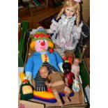 ONE BOX OF DOLLS, to include a Jean Greenhowe Design 'Mr Wonderful' knitted clown from the