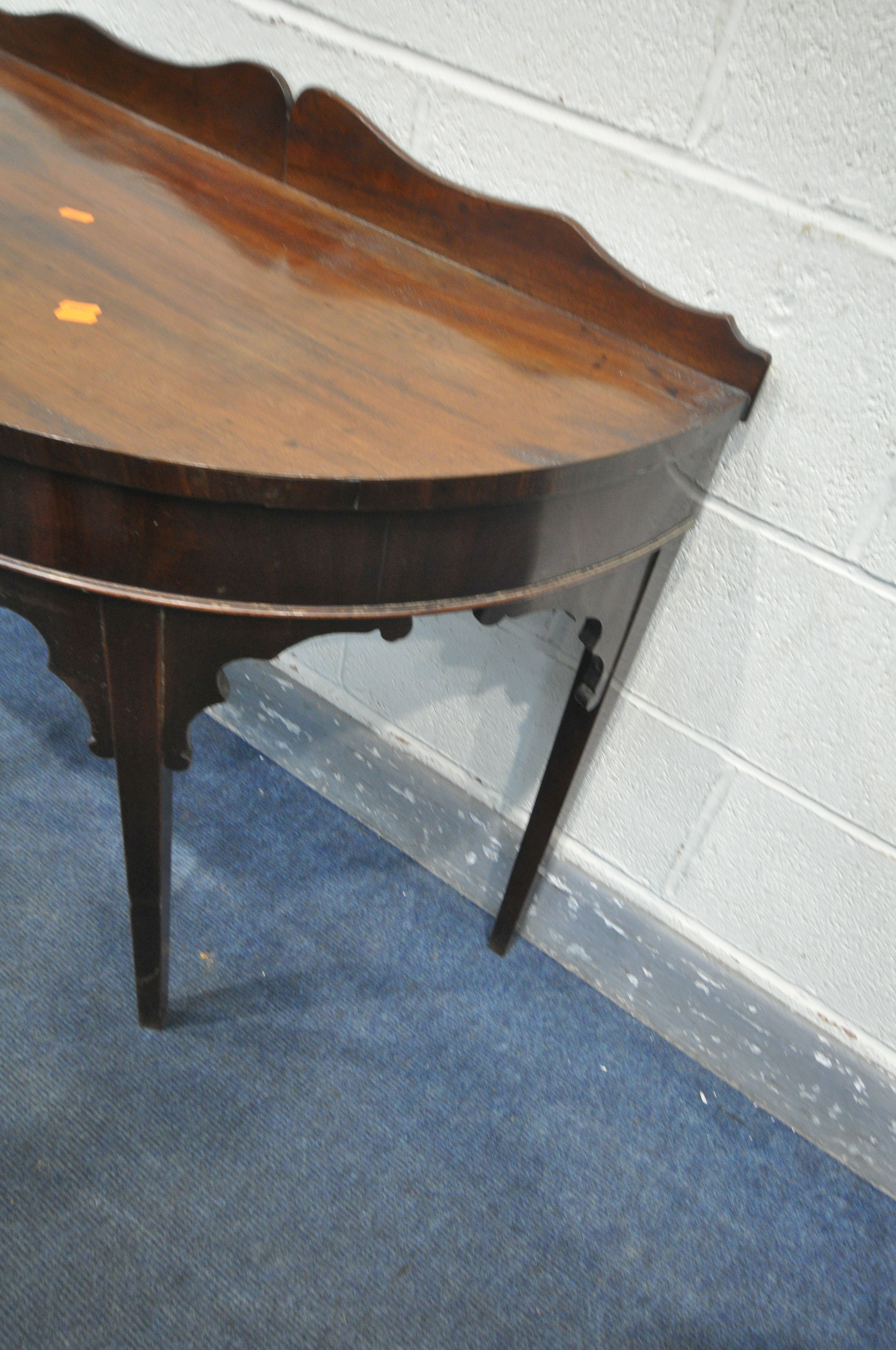 A GEORGIAN MAHOGANY DEMI LUNE HALL TABLE, with a wavy raised back, on square tapered legs, width - Image 3 of 3