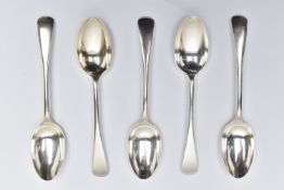 FIVE EDWARDIAN SILVER TABLESPOONS, a set of five old English pattern tablespoons, hallmarked '