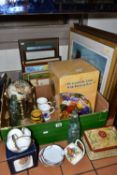 TWO BOXES AND LOOSE SUNDRY ITEMS ETC, to include a boxed Gemstone globe with a rotating base, the