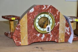 A RED MARBLE CLOCK GARNITURE WITH A URANIUM GLASS DIAL, Arabic numeral hour markers, Japy Freres