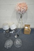 A SELECTION OF LIGHTING, to include a pair of metal table lamps with shades, a J hunt home