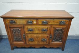 AN EDWARDIAN WALNUT SIDEBOARD with burr walnut drawer fronts, width 138cm x depth 52cm x height 92cm