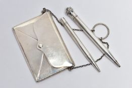 A SILVER CARD CASE AND TWO PROPELLING PENCILS, the card case in the form of an envelope fitted