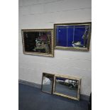 TWO RECTANGULAR GILT FRAMED BEVELLED EDGE WALL MIRRORS, largest mirror, 104cm x 74cm, and two