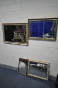 TWO RECTANGULAR GILT FRAMED BEVELLED EDGE WALL MIRRORS, largest mirror, 104cm x 74cm, and two