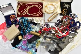 A BOX OF ASSORTED COSTUME JEWELLERY, to include a rolled gold hinged bangle with a floral and bark