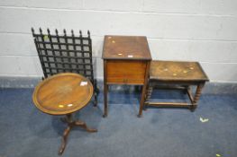 A 20TH CENTURY WALNUT SEWING BOX, with hinged lid and a single drawer, an oak bobbin turned stool, a