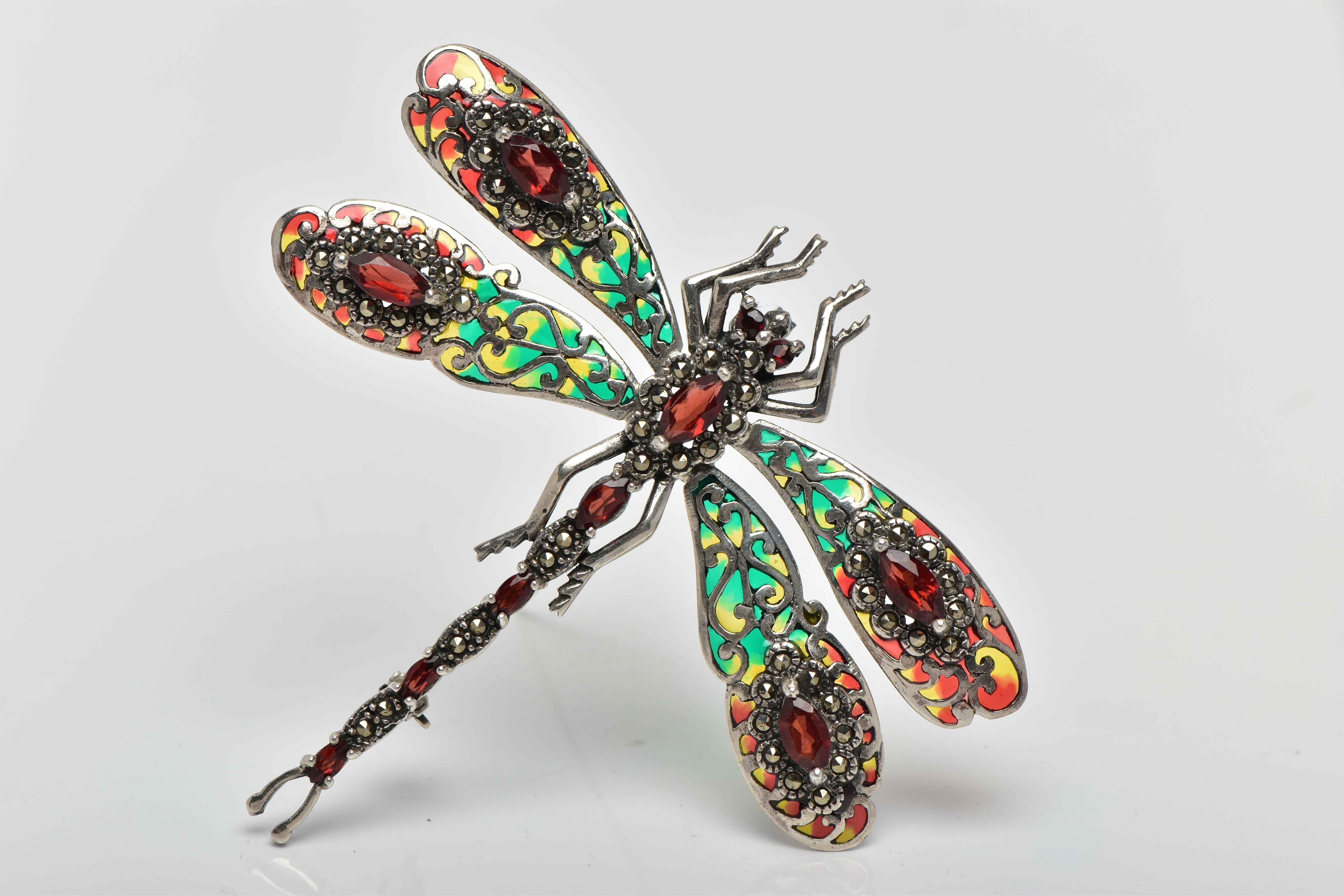 A PLIQUE A JOUR, GARNET AND MARCASTITE DRAGONFLY BROOCH, the dragonfly set with a marquise cut