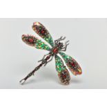 A PLIQUE A JOUR, GARNET AND MARCASTITE DRAGONFLY BROOCH, the dragonfly set with a marquise cut