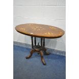 A VICTORIAN WALNUT AND INLAID OVAL CENTRE TABLE, on turned supports, four splayed legs, length