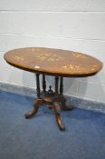 A VICTORIAN WALNUT AND INLAID OVAL CENTRE TABLE, on turned supports, four splayed legs, length