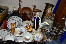 TWO BOXES AND LOOSE CERAMICS, GLASSWARES AND SUNDRY ITEMS, to include a 1930s chalk figure of a