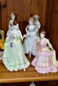 FIVE COALPORT FIGURINES, comprising a version of Joanne (in blue and white dress), a seated lady,