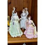 FIVE COALPORT FIGURINES, comprising a version of Joanne (in blue and white dress), a seated lady,