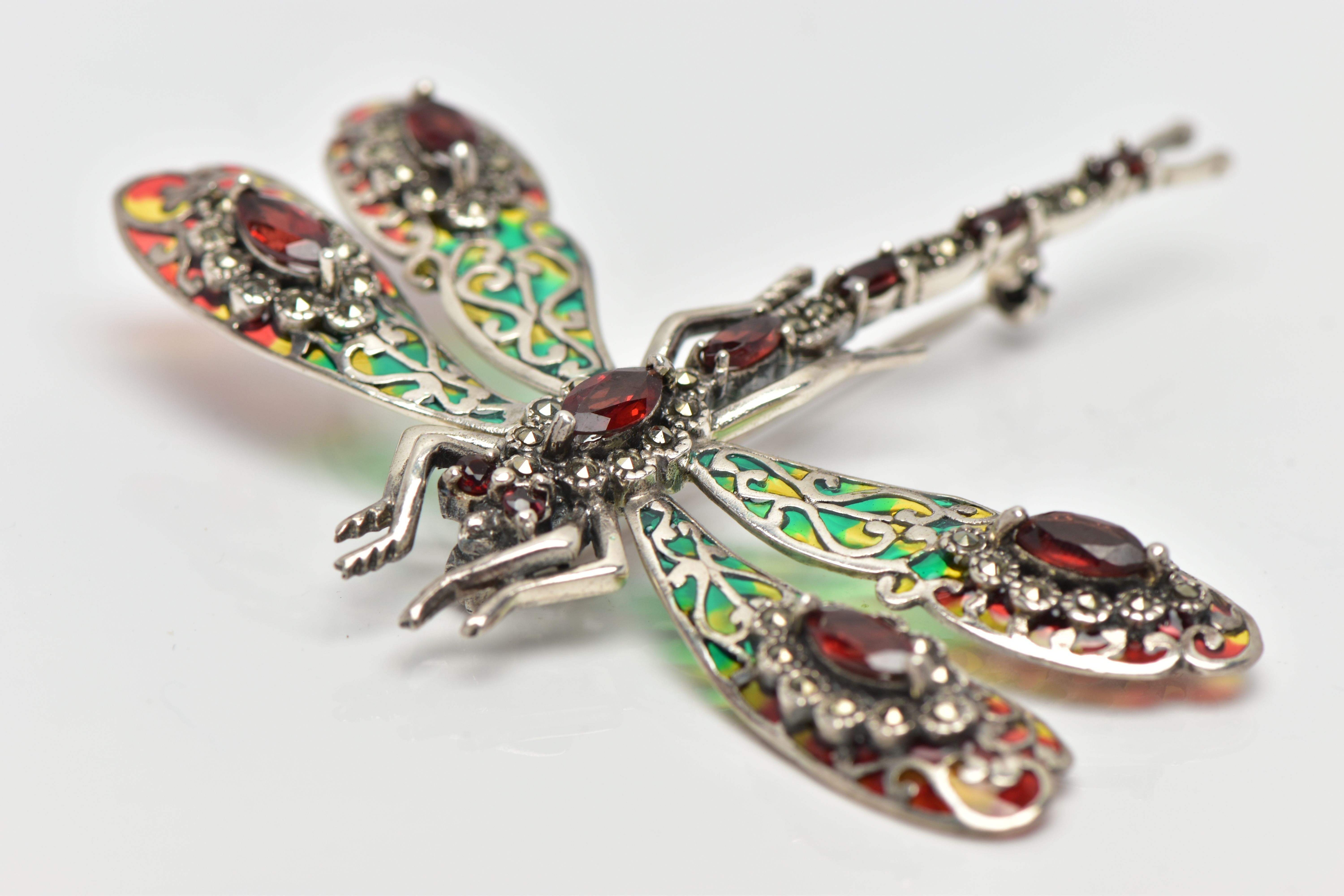 A PLIQUE A JOUR, GARNET AND MARCASTITE DRAGONFLY BROOCH, the dragonfly set with a marquise cut - Image 3 of 3