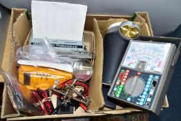 A BOX OF SCIENTIFIC EQUIPMENT, to include a boxed gyroscope, multi-meters, a Bimbox no 1005
