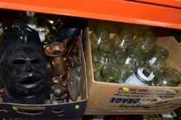 TWO BOXES OF GLASS, METALWARE AND VARIOUS SUNDRY ITEMS, to include fifteen glass half gallon