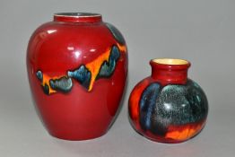 TWO POOLE POTTERY LIVING GLAZE VASES, comprising an Odyssey pattern baluster vase, height 15.5cm,
