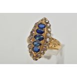 AN 18CT GOLD, LATE VICTORIAN SAPPHIRE AND DIAMOND RING, of a large marquise form set centrally