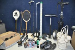 A SELECTION OF GOLF AND OTHER ITEMS to include a Golf king caddy, two pair of golf shoes (size
